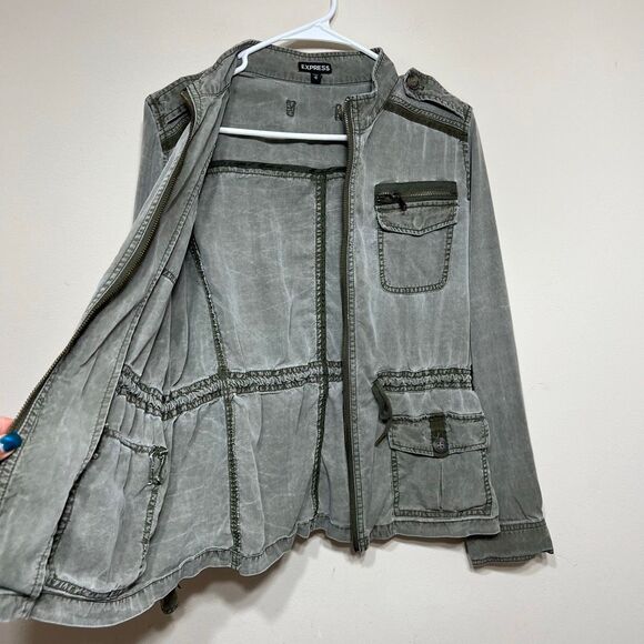Express Green Acid Wash Military Style Cargo Jacket Medium Women - Picture 3 of 7
